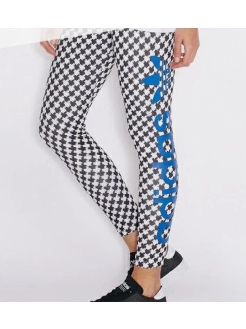 ADIDAS BLACK WHITE HOUNDSTOOTH PRINT LEGGINGS WITH BLUE ADIDAS LOGO SZ S NWOT